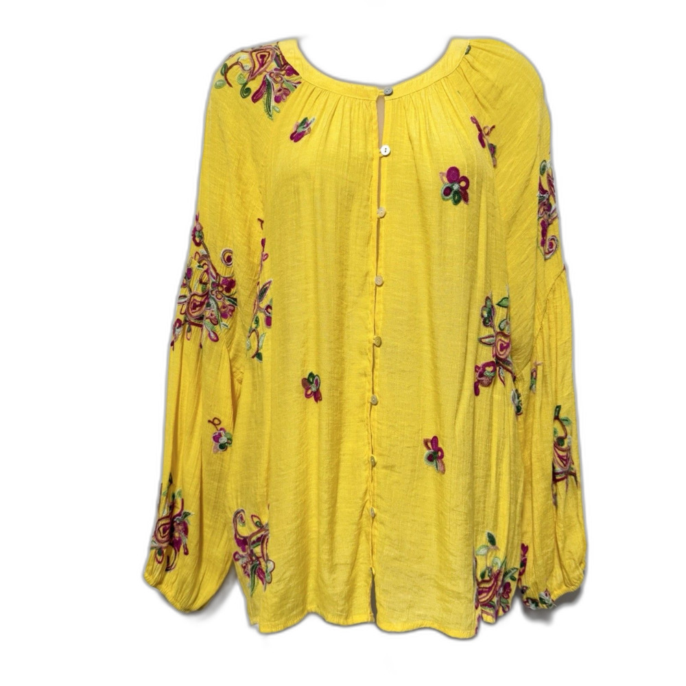 Fig & Flower Women’s XL Yellow Embroidered Boho Peasant Blouse Button Front